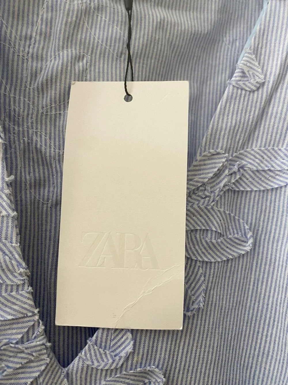 Zara embossed floral Light Blue V-Neck vertical stripe blouse with ruffle sleeve - Picture 3 of 9